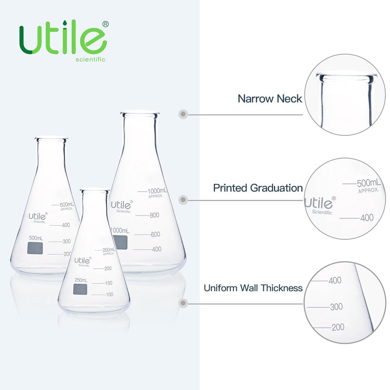 UTILE 3pcs of Glass Erlenmeyer Flask Set, 250ml 500ml 1000ml Narrow Mouth Erlenmeyer Flasks, Borosilicate 3.3 Glass Conical Flasks for Laboratory,4016.9917.1 - Image 3